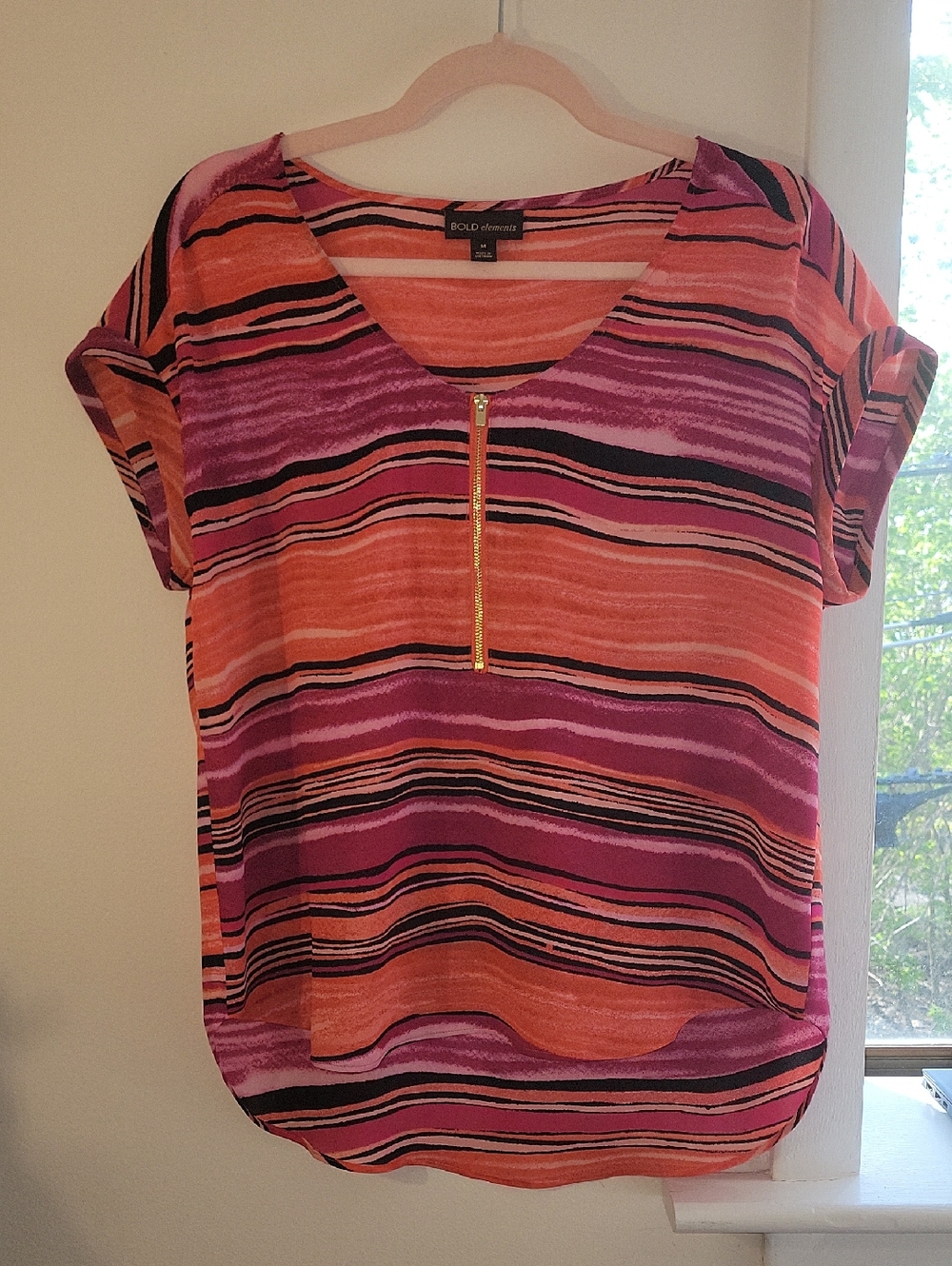BOLD Elements Orange & Pink Striped Zip-Front Women's Top